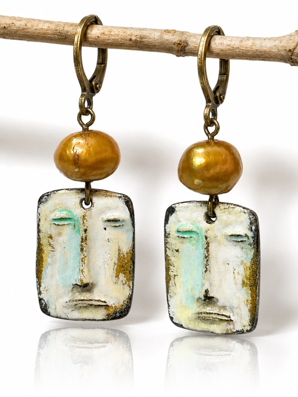 Artisan Face Earrings Freshwater Pearl Bronze Dangles Handmade Statement Jewelry - Picture 1 of 10